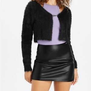 Fabletics fuzzy Crop Cardigan Sweater Black Womens XS Textured Soft 90s NEW